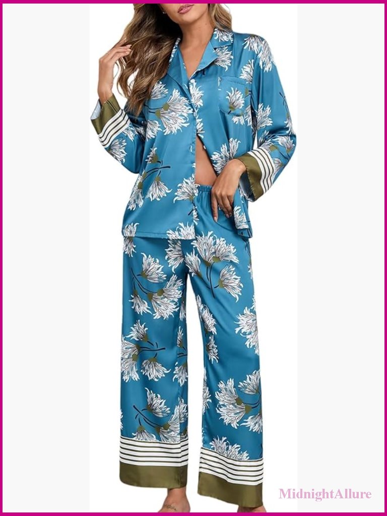 Womens Silk Satin Pajama Set Long Sleeve Button Up 2 Piece Lounge Set